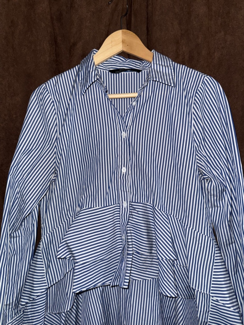 Zara Blue and White Striped Hi-Low Peplum Button-Down Shirt - Picture 3 of 5